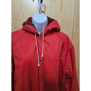 Vintage Red Thermal Slick Hooded Raincoat With Plaid Lining & Lg Pockets sz L